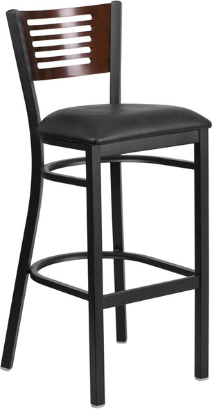 TYCOON Series Black Slat Back Metal Restaurant Barstool - Walnut Wood Back, Black Vinyl Seat