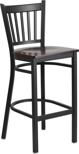 TYCOON Series Black Vertical Back Metal Restaurant Barstool - Walnut Wood Seat