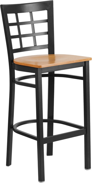 TYCOON Series Black Window Back Metal Restaurant Barstool - Natural Wood Seat