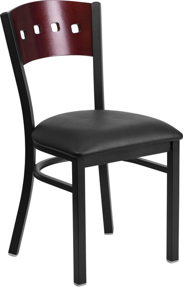 TYCOON Series Black 4 Square Back Metal Restaurant Chair - Mahogany Wood Back, Black Vinyl Seat