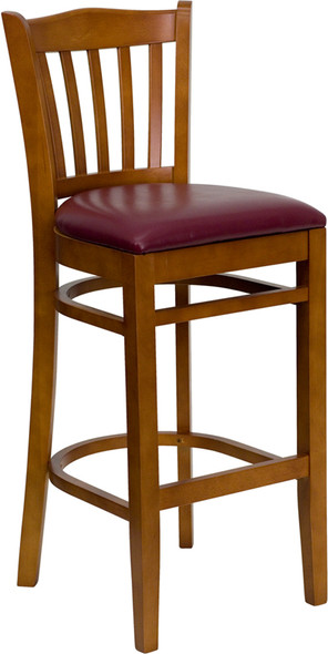 TYCOON Series Vertical Slat Back Cherry Wood Restaurant Barstool - Burgundy Vinyl Seat