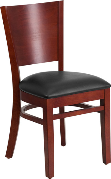 Lacey Series Solid Back Mahogany Wood Restaurant Chair - Black Vinyl Seat