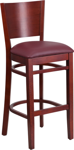 Lacey Series Solid Back Mahogany Wood Restaurant Barstool - Burgundy Vinyl Seat