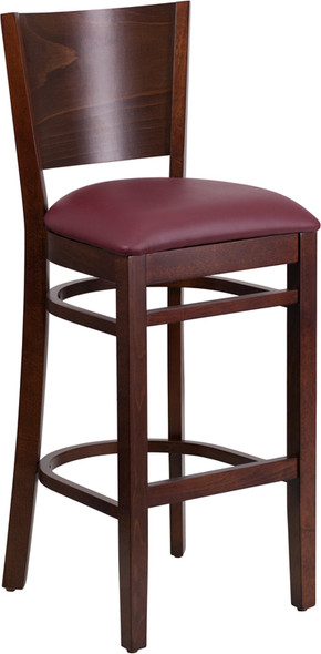 Lacey Series Solid Back Walnut Wood Restaurant Barstool - Burgundy Vinyl Seat