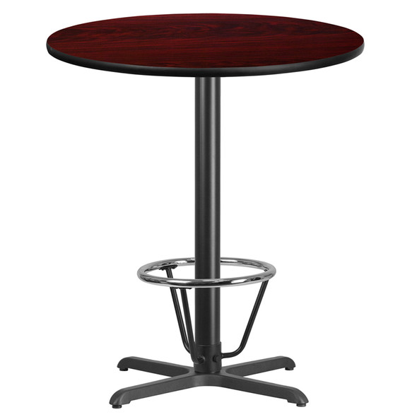 36'' Round Mahogany Laminate Table Top with 30'' x 30'' Bar Height Table Base and Foot Ring