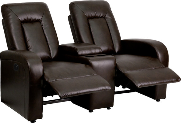 Eclipse Series 2-Seat Push Button Motorized Reclining Brown Leather Theater Seating Unit with Cup Holders