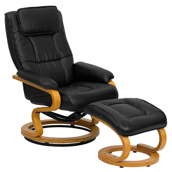 Contemporary Multi-Position Recliner and Ottoman with Swivel Maple Wood Base in Black Leather