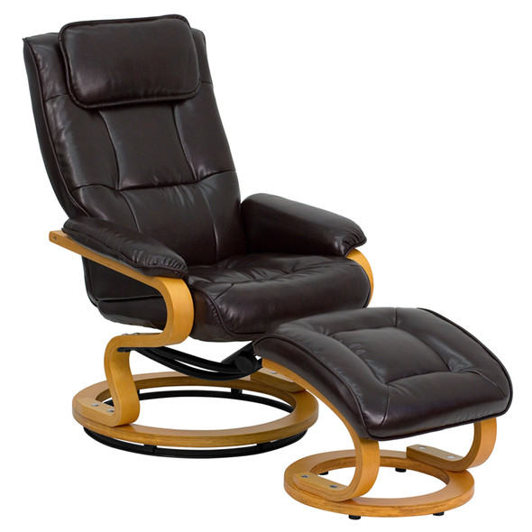 Contemporary Multi-Position Recliner and Ottoman with Swivel Maple Wood Base in Brown Leather