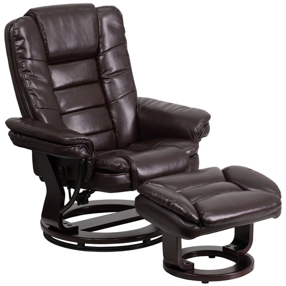 Contemporary Multi-Position Recliner with Horizontal Stitching and Ottoman with Swivel Mahogany Wood Base in Brown Leather