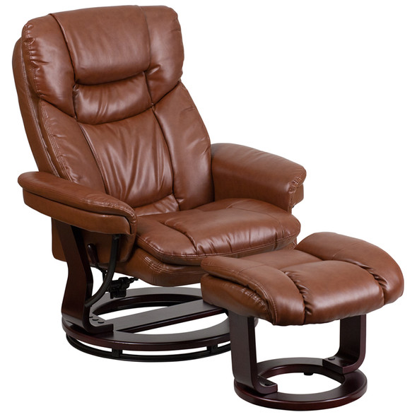 Contemporary Multi-Position Recliner and Curved Ottoman with Swivel Mahogany Wood Base in Brown Vintage Leather