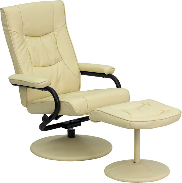 Contemporary Multi-Position Recliner and Ottoman with Wrapped Base in Cream Leather