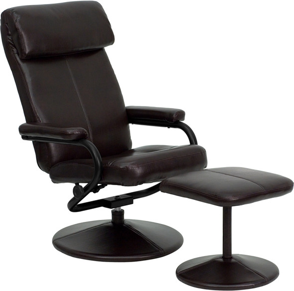 Contemporary Multi-Position Headrest Recliner and Ottoman with Wrapped Base in Brown Leather