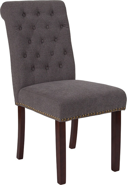 TYCOON Series Dark Gray Fabric Parsons Chair with Rolled Back, Accent Nail Trim and Walnut Finish