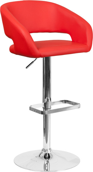 Contemporary Red Vinyl Adjustable Height Barstool with Rounded Mid-Back and Chrome Base