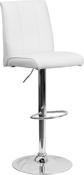 Contemporary White Vinyl Adjustable Height Barstool with Vertical Stitch Panel Back and Chrome Base