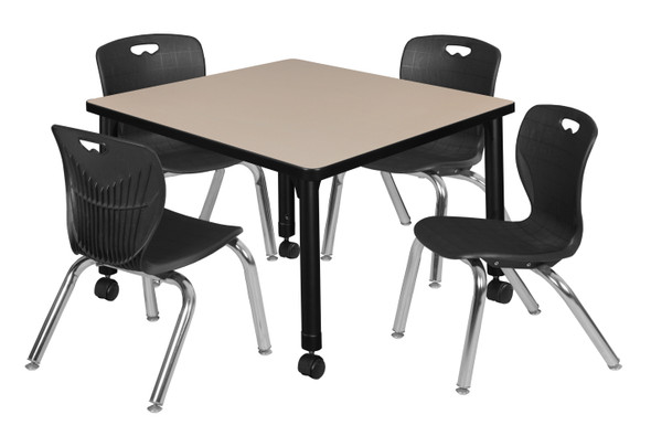 Kee 30" Square Height Adjustable Mobile Classroom Table With 4 Andy 12-in Stack Chairs