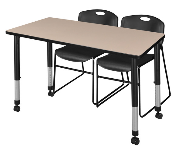 Kee Height Adjustable Mobile Classroom Table - Mahogany With 2 Black Zeng Stack Chairs