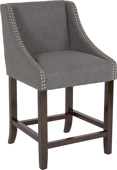 Carmel Series 24" High Transitional Walnut Counter Height Stool with Accent Nail Trim in Dark Gray Fabric