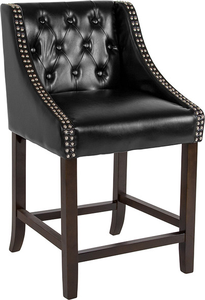 Carmel Series 24" High Transitional Tufted Walnut Counter Height Stool with Accent Nail Trim in Black Leather