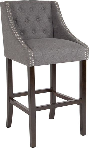 Carmel Series 30" High Transitional Tufted Walnut Barstool with Accent Nail Trim in Dark Gray Fabric