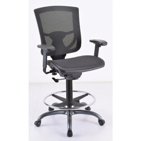 All Mesh Task Stool with Adjustable Arms and Footring with Black Frame