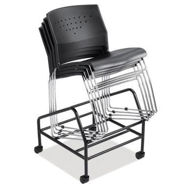 Heavy-duty stackable chair dolly for commercial seating storage with black steel frame transporting stacked chairs in office environment