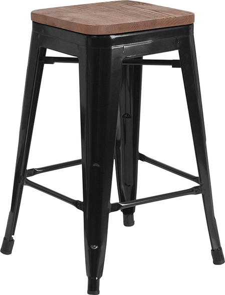 24" High Backless Black Metal Counter Height Stool with Square Wood Seat