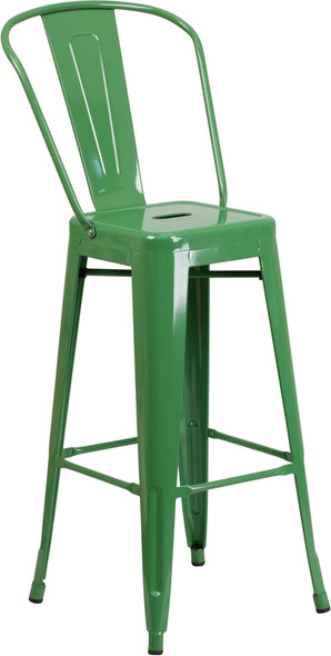 30'' High Green Metal Indoor-Outdoor Barstool with Back