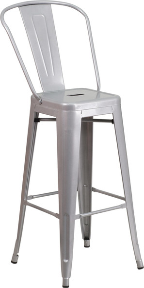 30'' High Silver Metal Indoor-Outdoor Barstool with Back