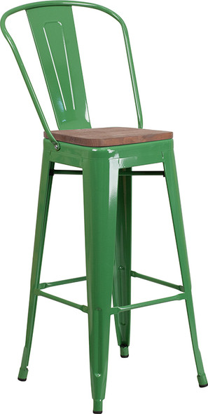 30" High Green Metal Barstool with Back and Wood Seat