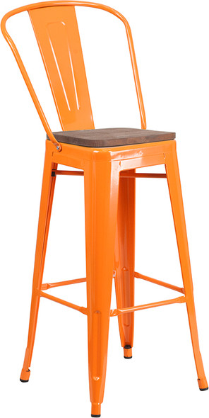 30" High Orange Metal Barstool with Back and Wood Seat