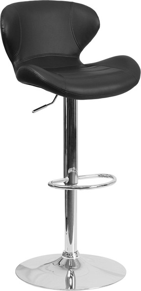 Contemporary Black Vinyl Adjustable Height Barstool with Curved Back and Chrome Base