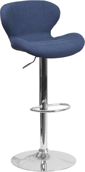 Contemporary Blue Fabric Adjustable Height Barstool with Curved Back and Chrome Base