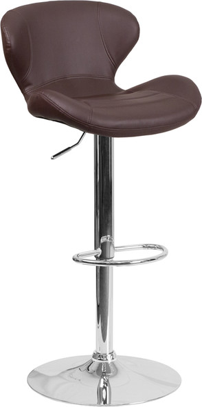 Contemporary Brown Vinyl Adjustable Height Barstool with Curved Back and Chrome Base