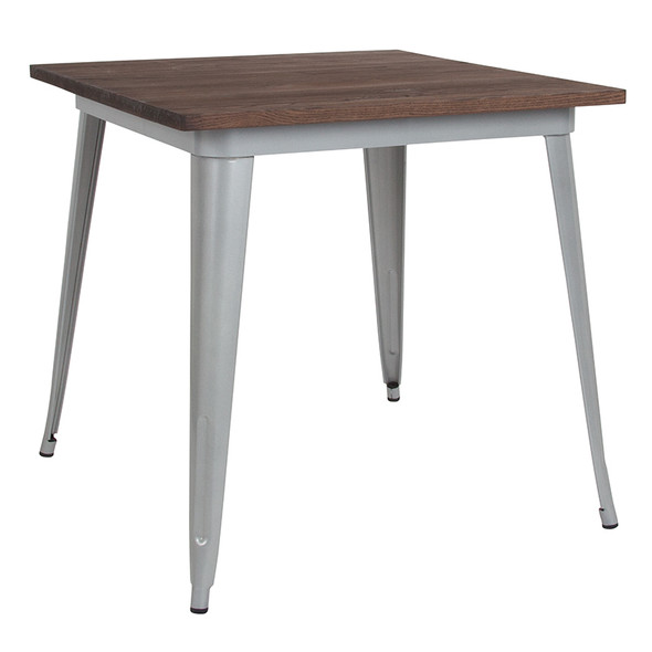 31.5" Square Silver Metal Indoor Table with Walnut Rustic Wood Top