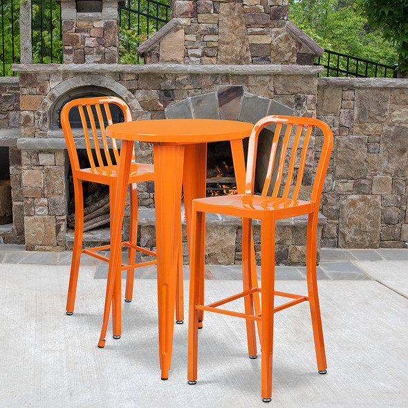 24'' Round Orange Metal Indoor-Outdoor Bar Table Set with 2 Vertical Slat Back Stools