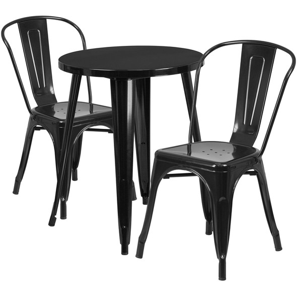 24'' Round Black Metal Indoor-Outdoor Table Set with 2 Cafe Chairs