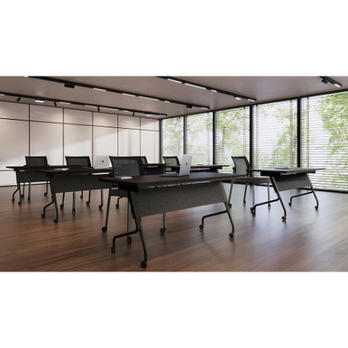 Six-piece flip top nesting training table set in modern laminate finish arranged in a university classroom setting