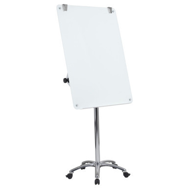 Vizual double-sided magnetic glass mobile whiteboard with opaque white surface and chrome frame in a professional office setting