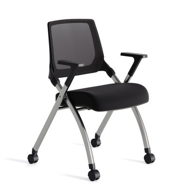 Vista nesting chair with breathable mesh back and flip-up seat in a modern conference room