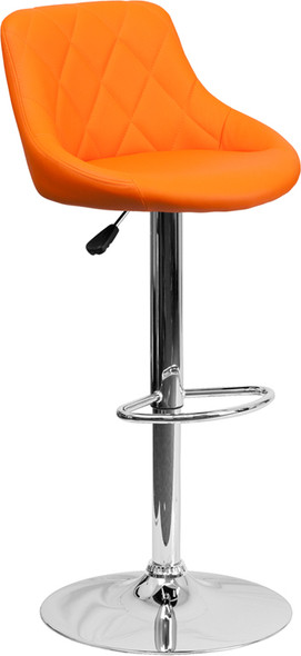 Contemporary Orange Vinyl Bucket Seat Adjustable Height Barstool with Diamond Pattern Back and Chrome Base