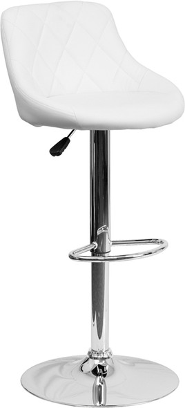 Contemporary White Vinyl Bucket Seat Adjustable Height Barstool with Diamond Pattern Back and Chrome Base