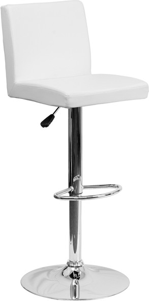 Contemporary White Vinyl Adjustable Height Barstool with Panel Back and Chrome Base