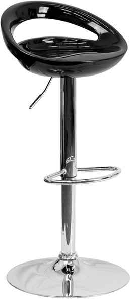 Contemporary Black Plastic Adjustable Height Barstool with Rounded Cutout Back and Chrome Base
