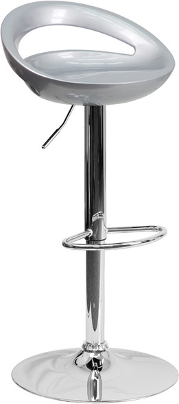 Contemporary Silver Plastic Adjustable Height Barstool with Rounded Cutout Back and Chrome Base