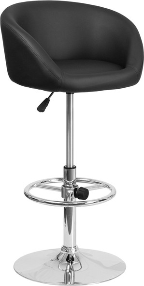 Contemporary Black Vinyl Adjustable Height Barstool with Barrel Back and Chrome Base