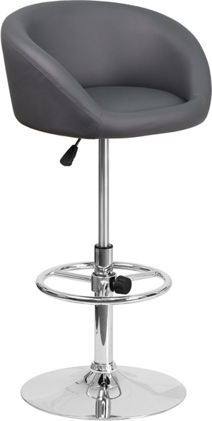 Contemporary Gray Vinyl Adjustable Height Barstool with Barrel Back and Chrome Base