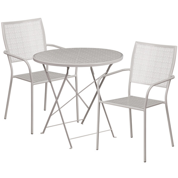 30'' Round Light Gray Indoor-Outdoor Steel Folding Patio Table Set with 2 Square Back Chairs