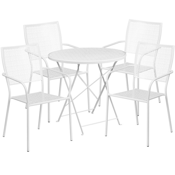 30'' Round White Indoor-Outdoor Steel Folding Patio Table Set with 4 Square Back Chairs