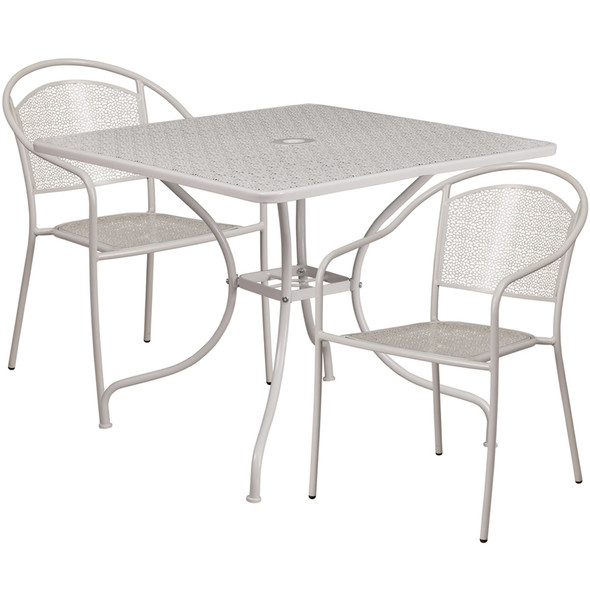 35.5'' Square Light Gray Indoor-Outdoor Steel Patio Table Set with 2 Round Back Chairs